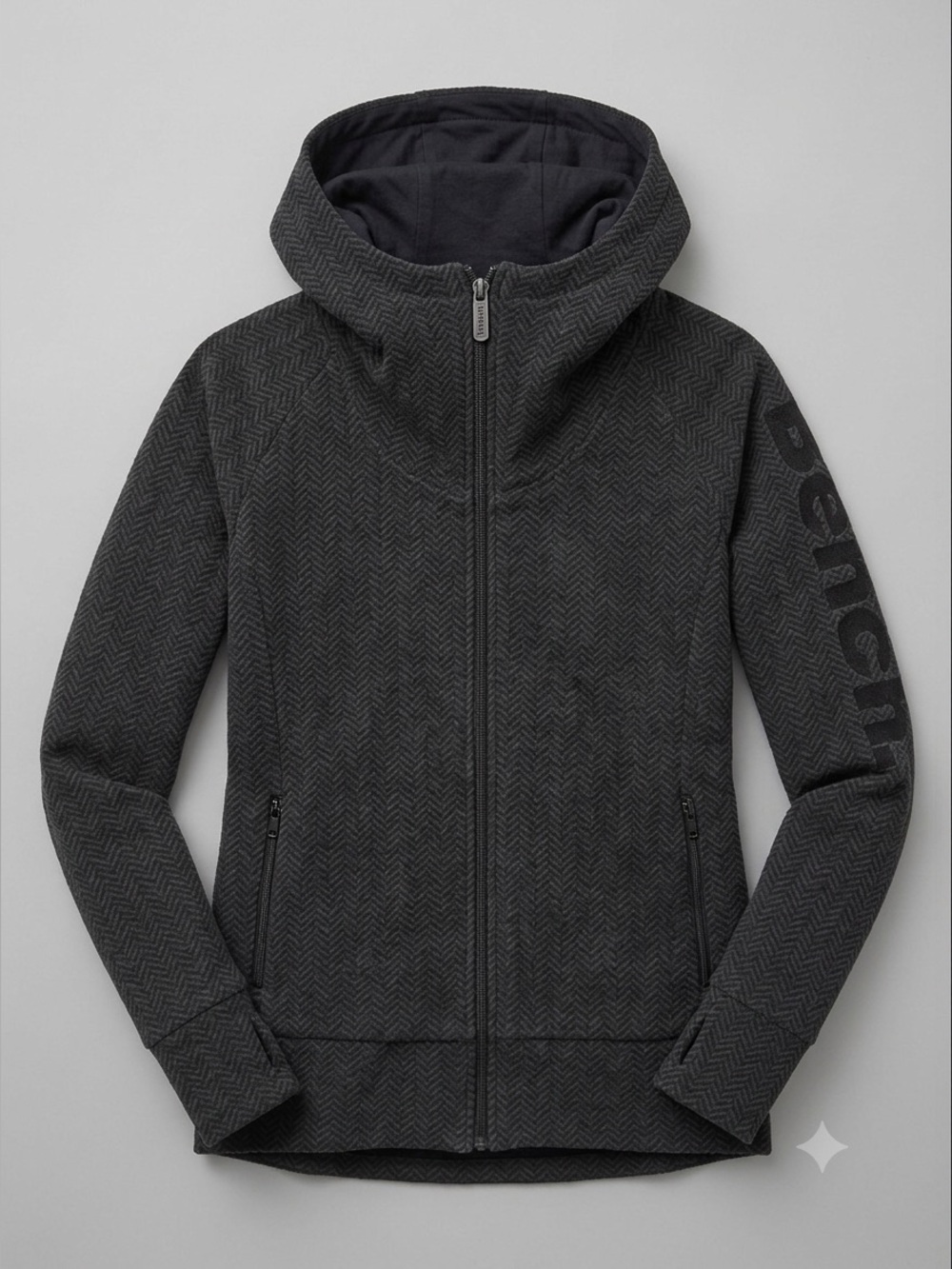 Bench Herringbone Full Zip Hoodie Womens Medium‎ Grey Fleece Thumbhole Good